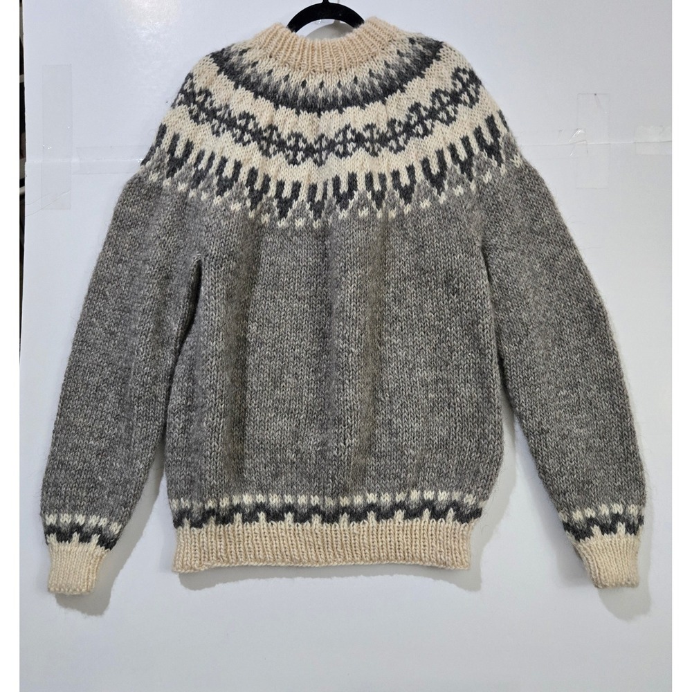 Fair Isle Wool Sweater Large Grey Nordic Icelandic Knit Pullover Scandinavian